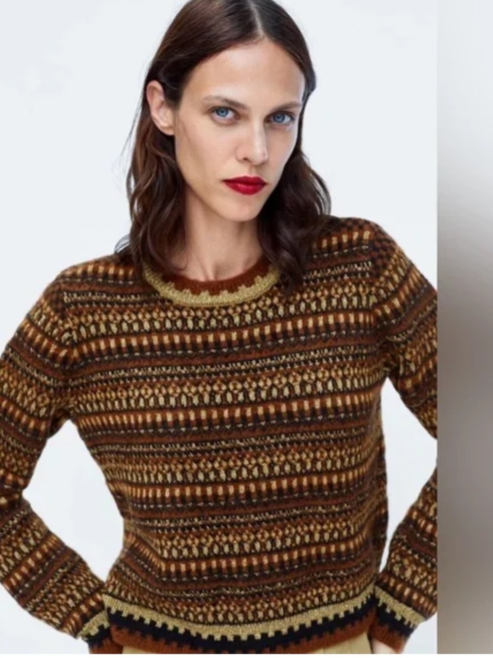 Zara Multitone Fair Isle Crewneck Sweater Brown Tan small